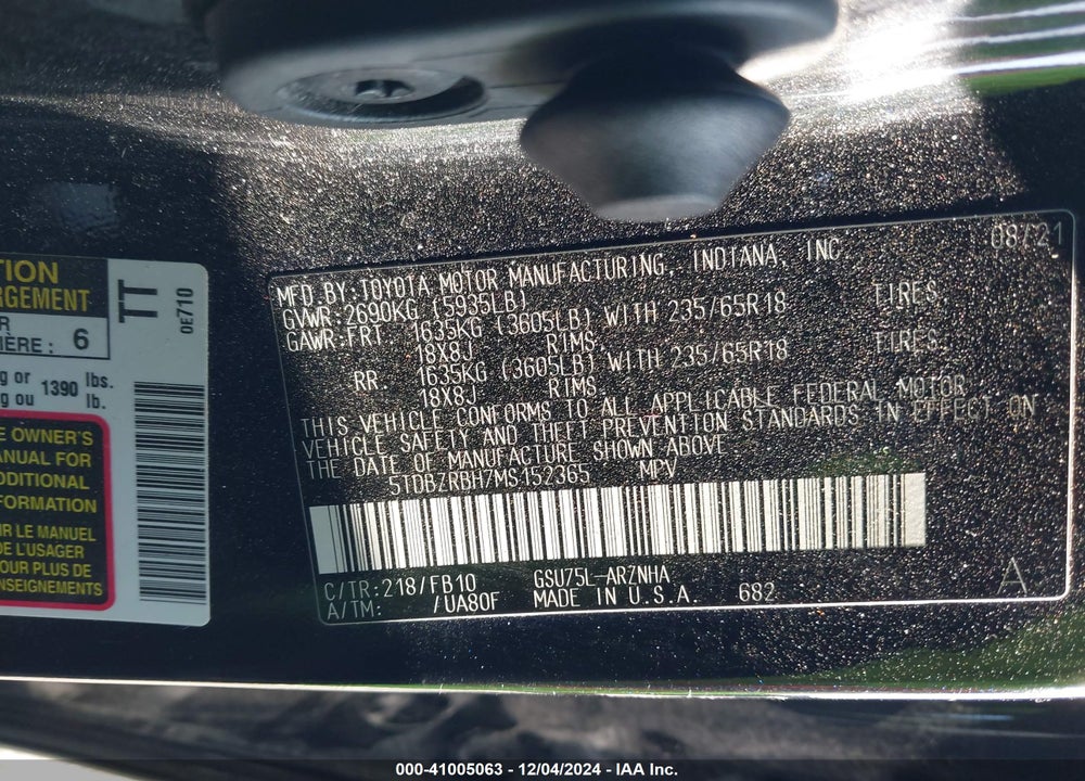 2021 TOYOTA HIGHLANDER LE VIN: 5TDBZRBH7MS152365