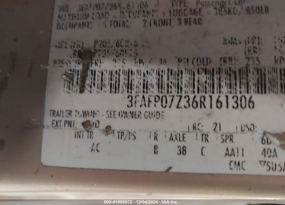2006 FORD FUSION SE VIN: 3FAFP07Z36R161306