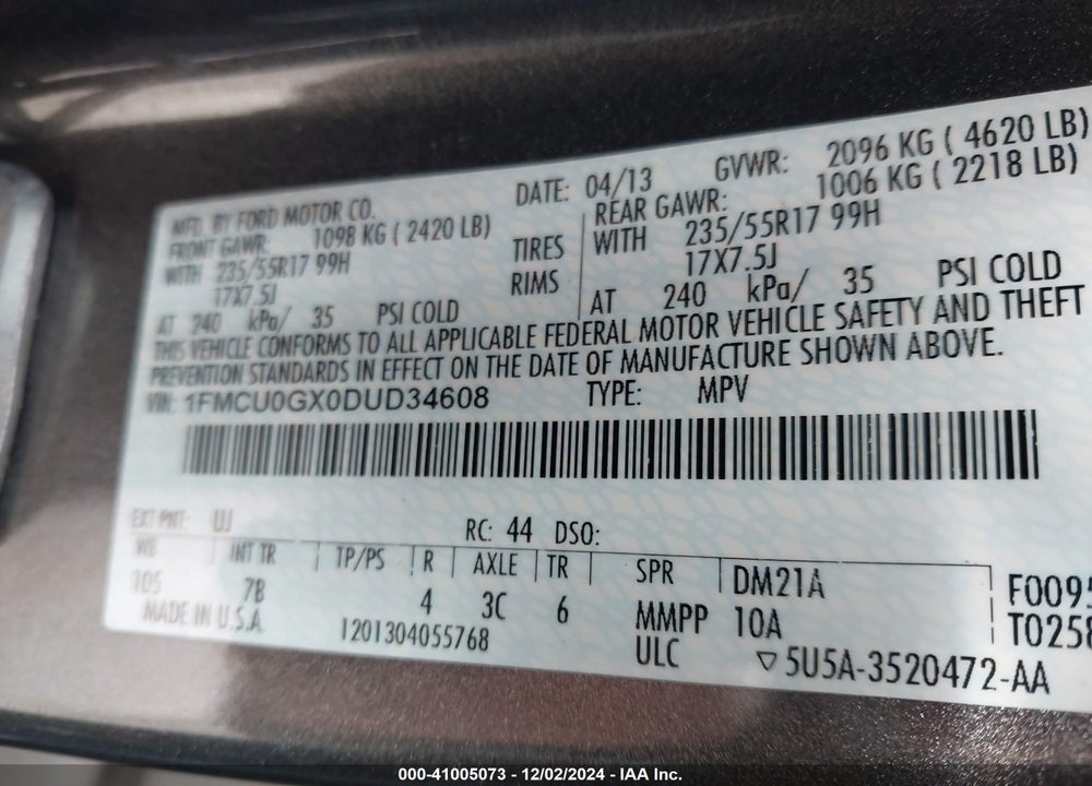 2013 FORD ESCAPE SE VIN: 1FMCU0GX0DUD34608