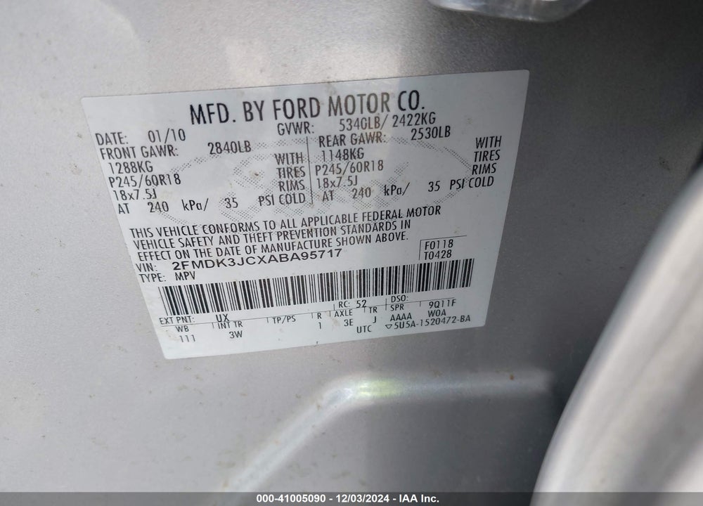 2010 FORD EDGE SEL VIN: 2FMDK3JCXABA95717