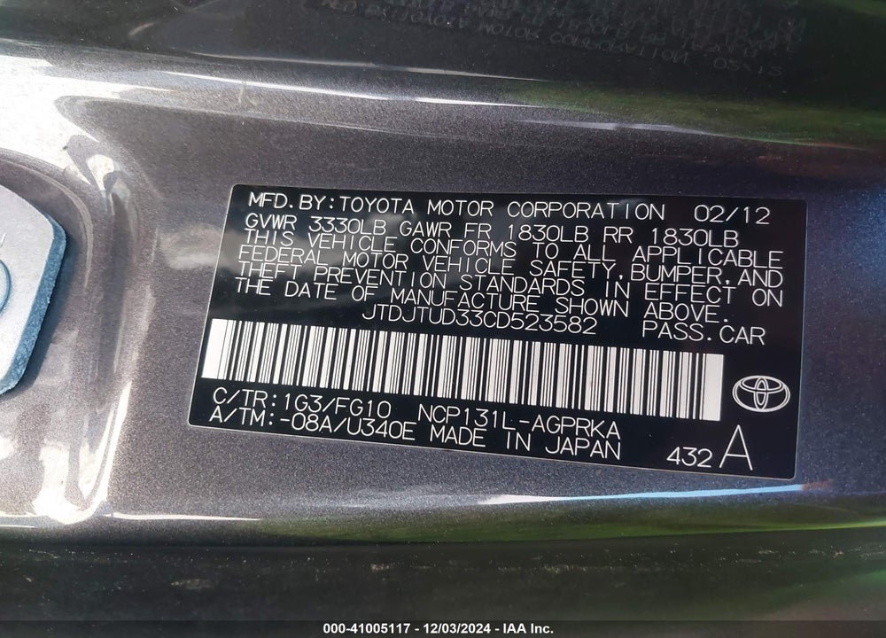 2012 TOYOTA YARIS L VIN: JTDJTUD33CD523582