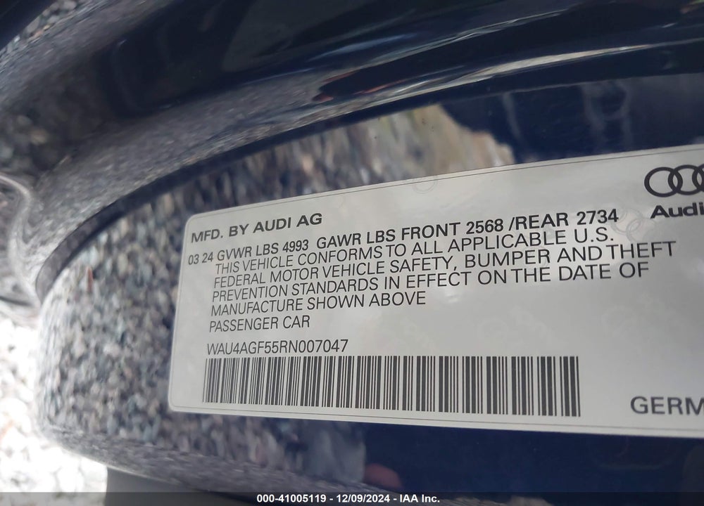 2024 AUDI A5 CABRIOLET PREMIUM PLUS 45 TFSI S LINE QUATTRO S TRONIC VIN: WAU4AGF55RN007047