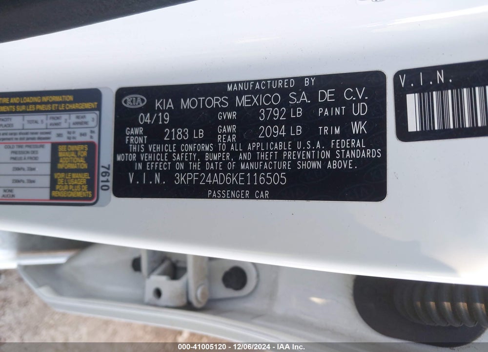 2019 KIA FORTE LXS VIN: 3KPF24AD6KE116505