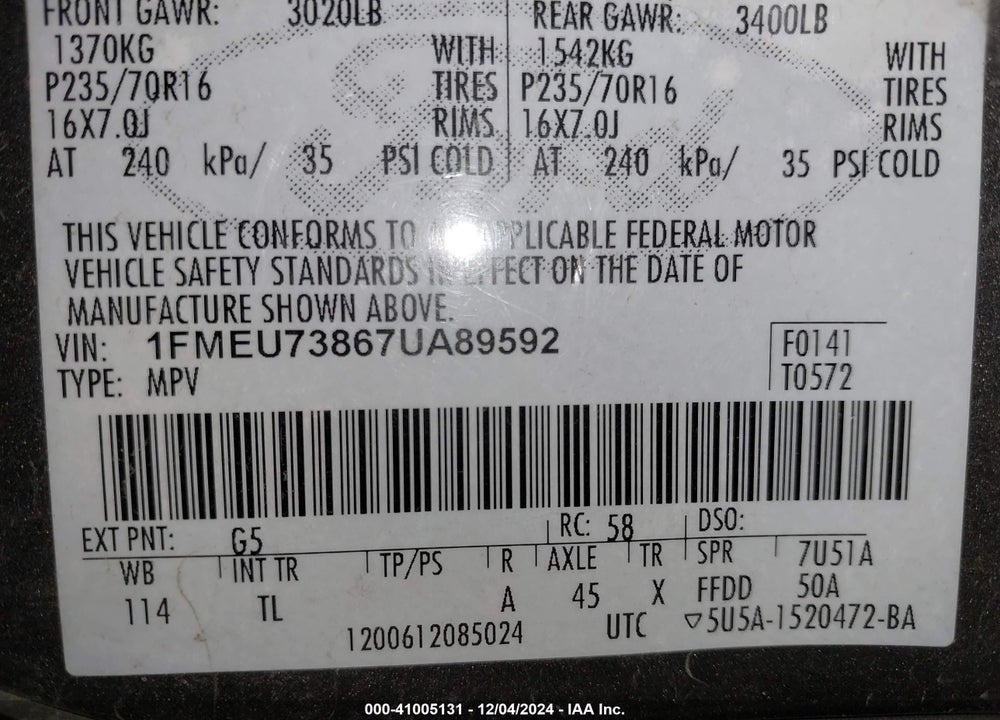 2007 FORD EXPLORER XLT VIN: 1FMEU73867UA89592