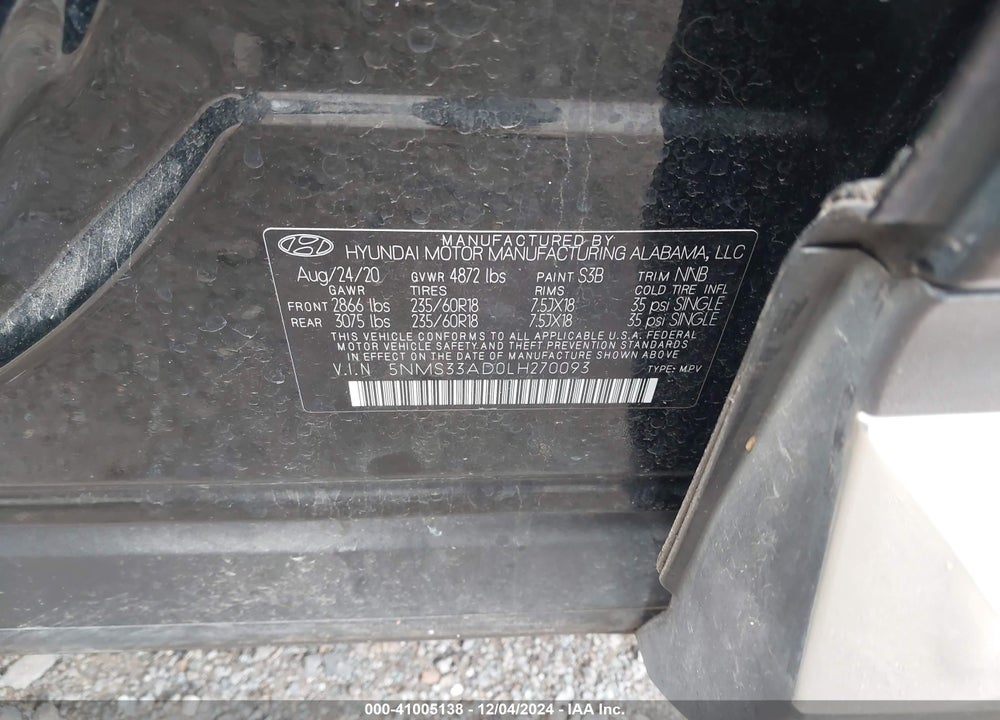 2020 HYUNDAI SANTA FE SEL VIN: 5NMS33AD0LH270093