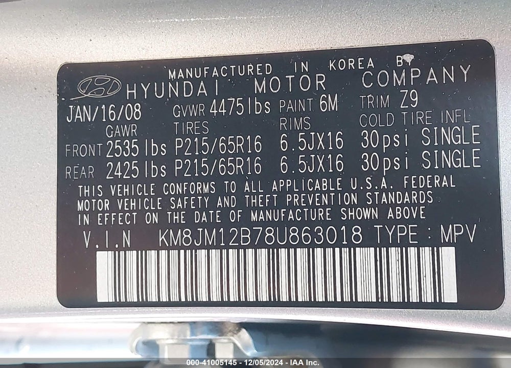 2008 HYUNDAI TUCSON GLS VIN: KM8JM12B78U863018