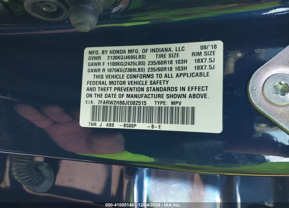 2018 HONDA CR-V EX-L/EX-L NAVI VIN: 7FARW2H88JE082515