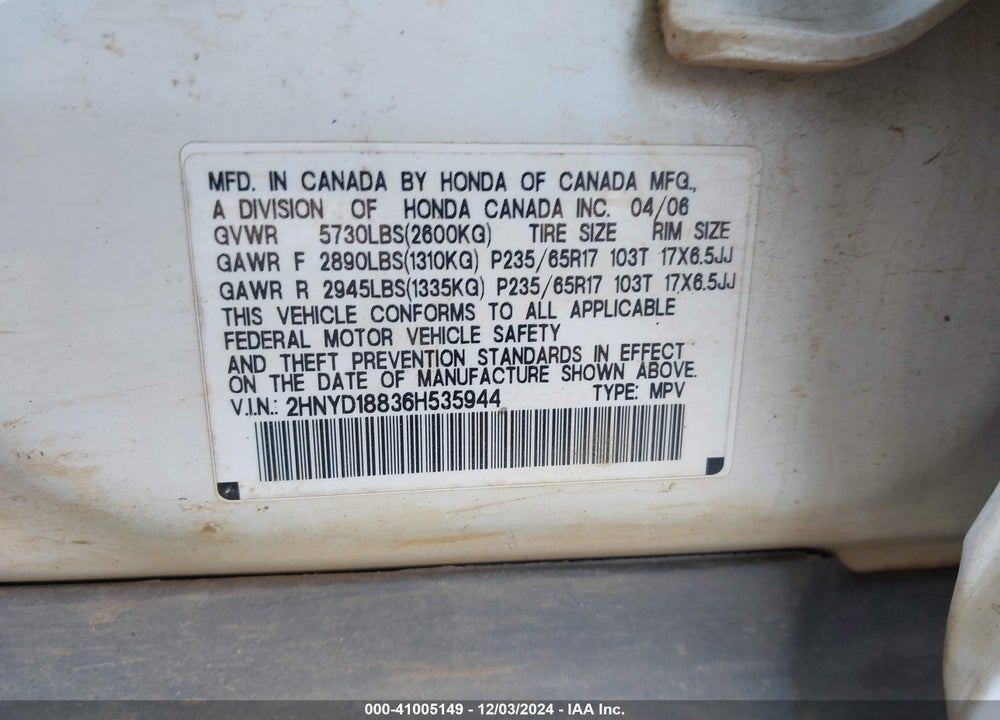 2006 ACURA MDX VIN: 2HNYD18836H535944
