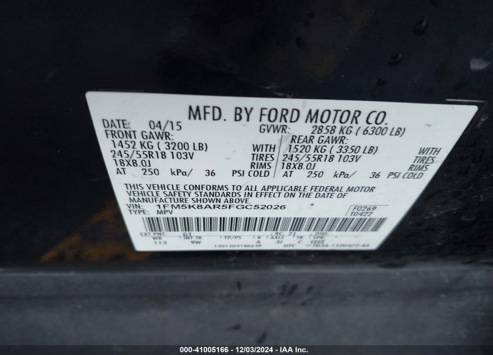 2015 FORD UTILITY POLICE INTERCEPTOR VIN: 1FM5K8AR5FGC52026
