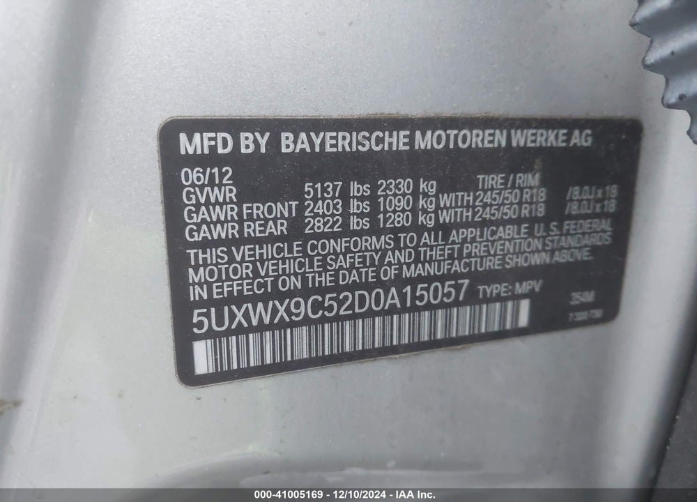 2013 BMW X3 XDRIVE28I VIN: 5UXWX9C52D0A15057
