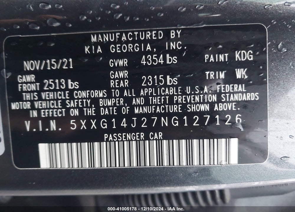 2022 KIA K5 LXS VIN: 5XXG14J27NG127126