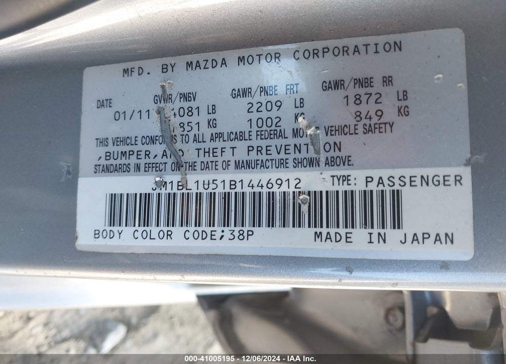 2011 MAZDA 3 S SPORT VIN: JM1BL1U51B1446912