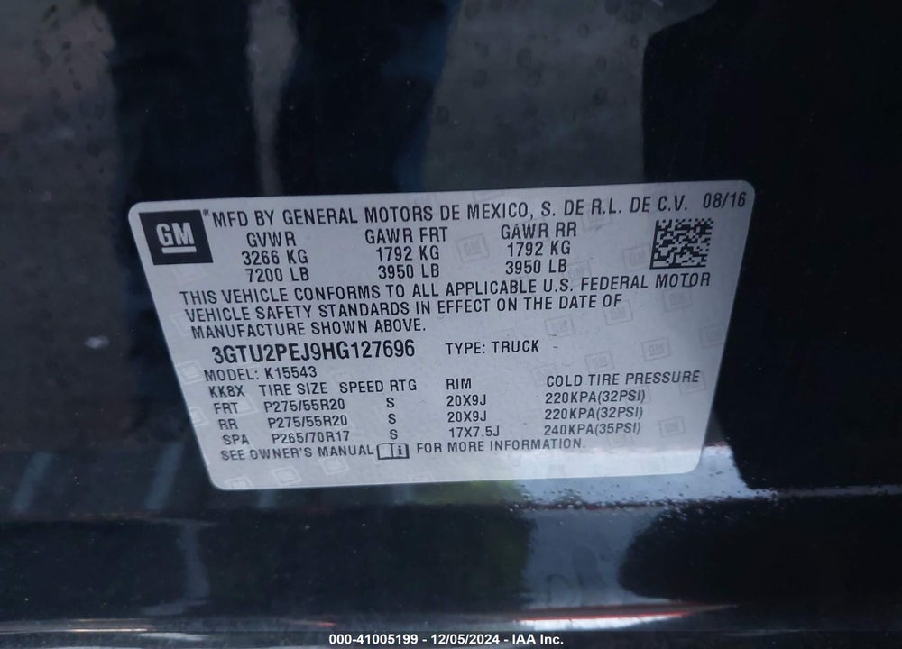 2017 GMC SIERRA 1500 DENALI VIN: 3GTU2PEJ9HG127696