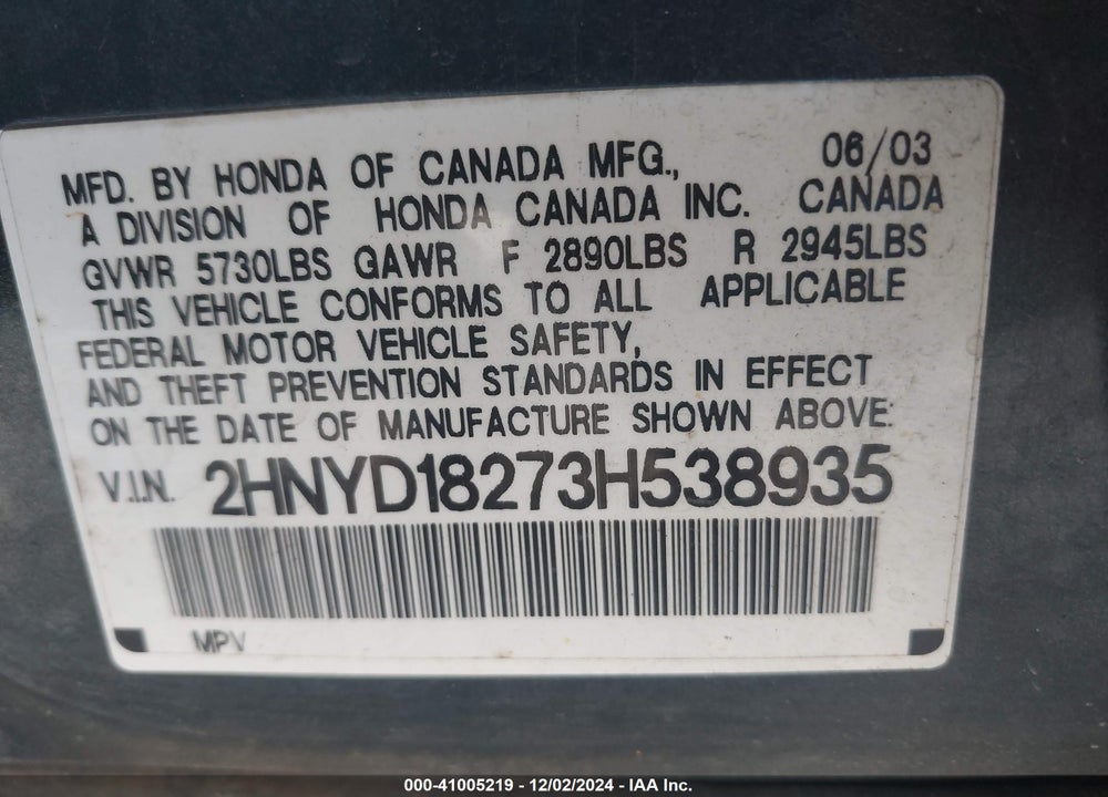 2003 ACURA MDX VIN: 2HNYD18273H538935