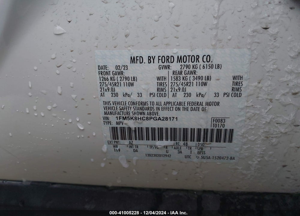 2023 FORD EXPLORER PLATINUM VIN: 1FM5K8HC8PGA28171