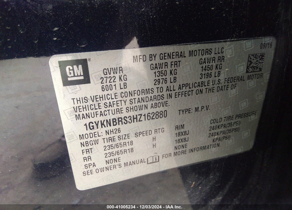 2017 CADILLAC XT5 VIN: 1GYKNBRS3HZ162880