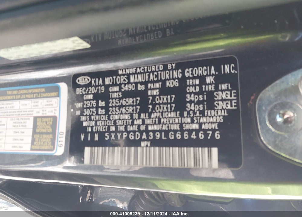 2020 KIA SORENTO VIN: 5XYPGDA39LG664676