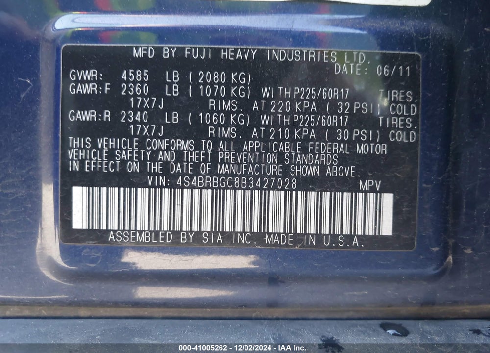 2011 SUBARU OUTBACK 2.5I PREMIUM VIN: 4S4BRBGC8B3427028