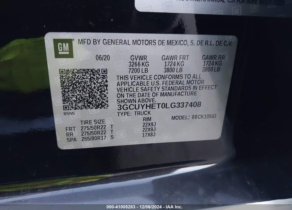 2020 CHEVROLET SILVERADO 1500 4WD SHORT BED HIGH COUNTRY VIN: 3GCUYHET0LG337408