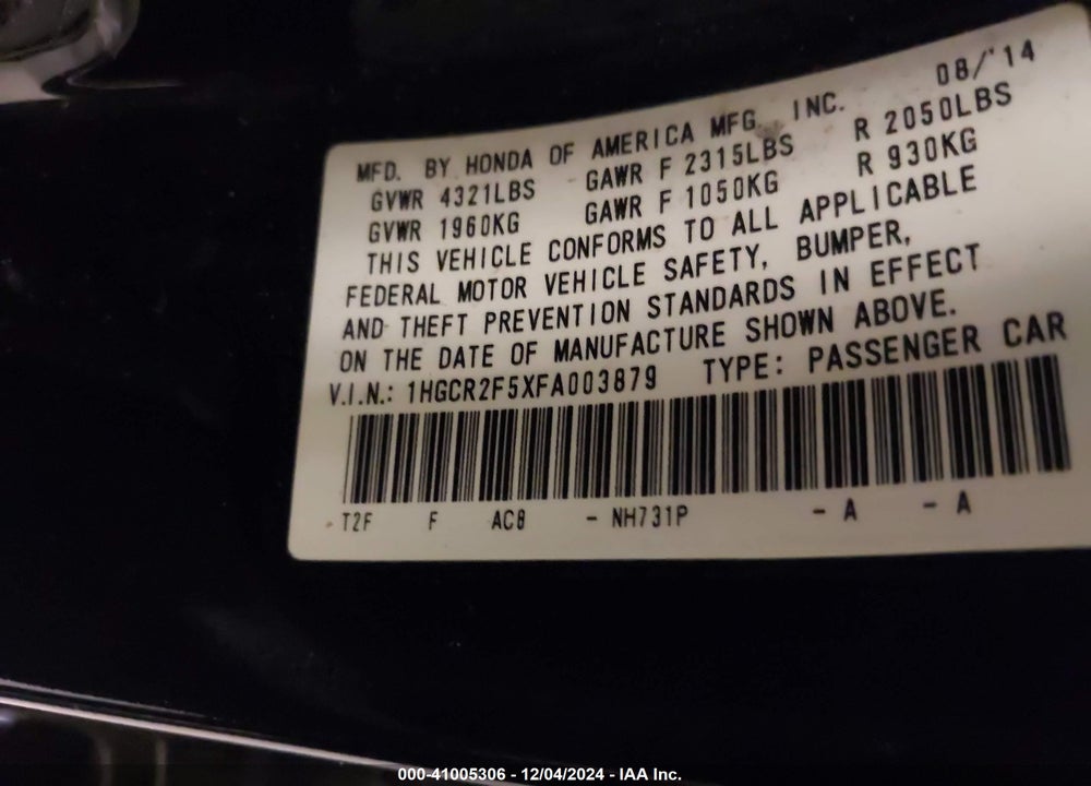 2015 HONDA ACCORD SPORT VIN: 1HGCR2F5XFA003879