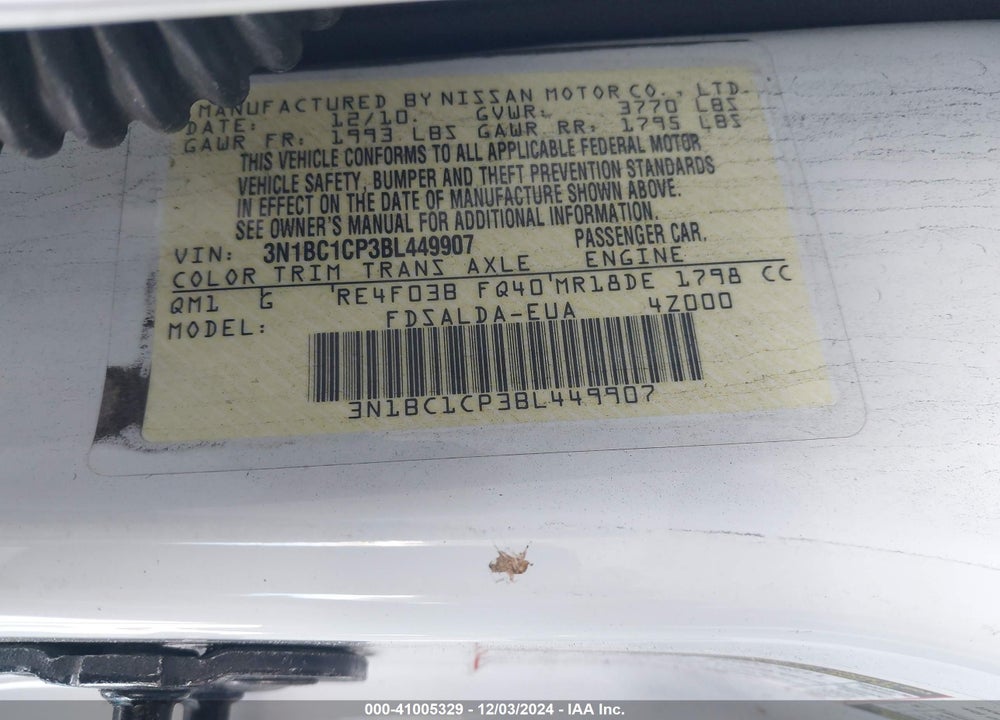 2011 NISSAN VERSA 1.8S VIN: 3N1BC1CP3BL449907