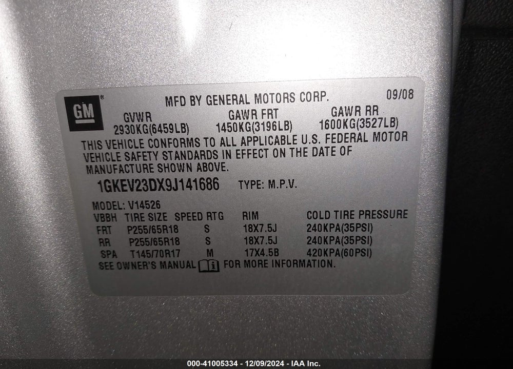 2009 GMC ACADIA SLT-1 VIN: 1GKEV23DX9J141686