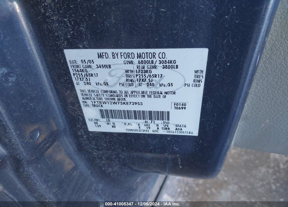 2005 FORD F-150 XLT VIN: 1FTRW12W75KE73953