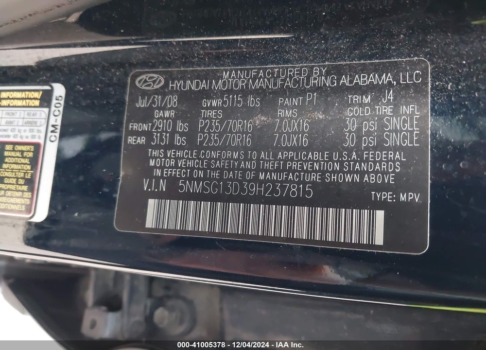 2009 HYUNDAI SANTA FE GLS VIN: 5NMSG13D39H237815