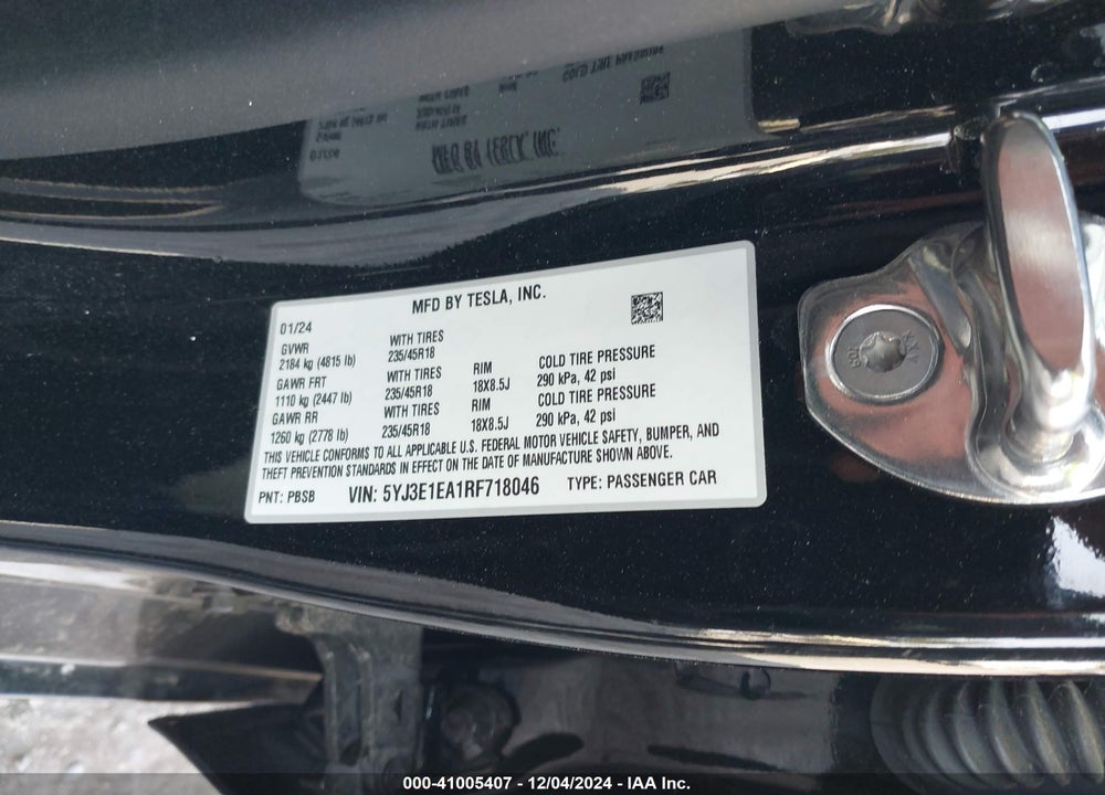 2024 TESLA MODEL 3 LONG RANGE DUAL MOTOR ALL-WHEEL DRIVE/REAR-WHEEL DRIVE VIN: 5YJ3E1EA1RF718046