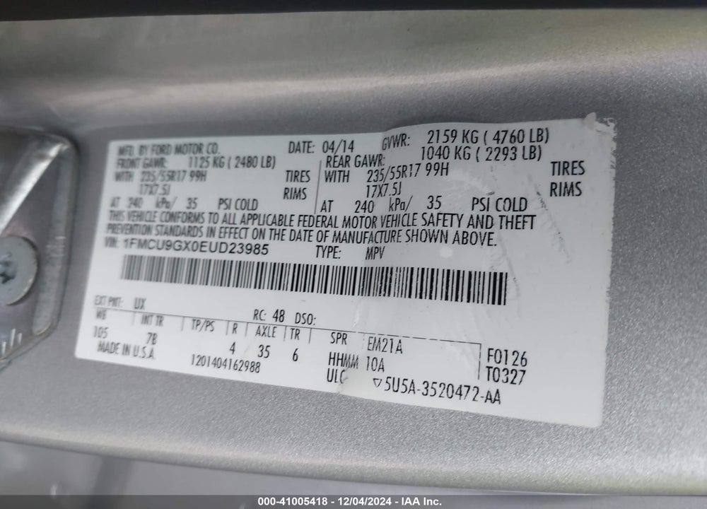 2014 FORD ESCAPE SE VIN: 1FMCU9GX0EUD23985