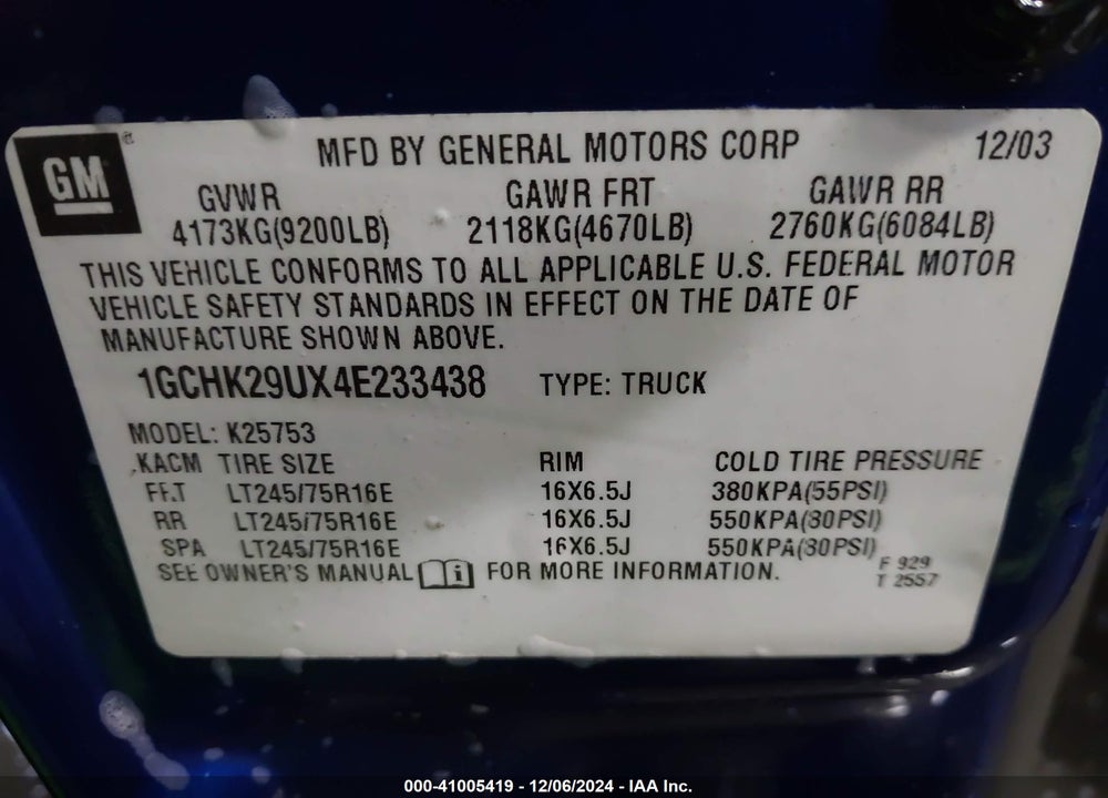 2004 CHEVROLET SILVERADO 2500HD LS VIN: 1GCHK29UX4E233438