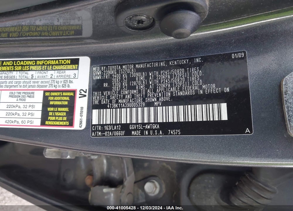 2009 TOYOTA VENZA BASE V6 VIN: 4T3BK11A39U005329