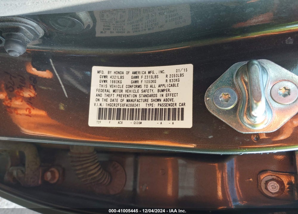 2015 HONDA ACCORD SPORT VIN: 1HGCR2F5XFA098041