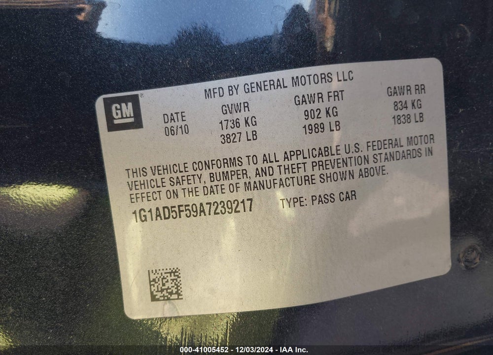 2010 CHEVROLET COBALT LT VIN: 1G1AD5F59A7239217