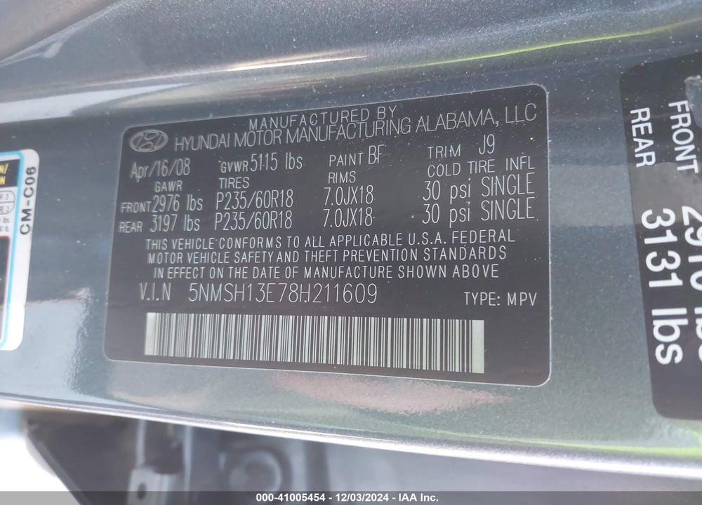 2008 HYUNDAI SANTA FE LIMITED/SE VIN: 5NMSH13E78H211609