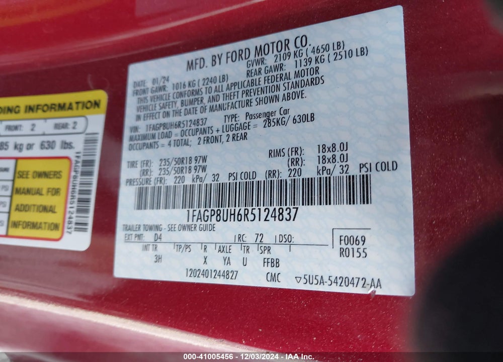 2024 FORD MUSTANG ECOBOOST PREMIUM VIN: 1FAGP8UH6R5124837