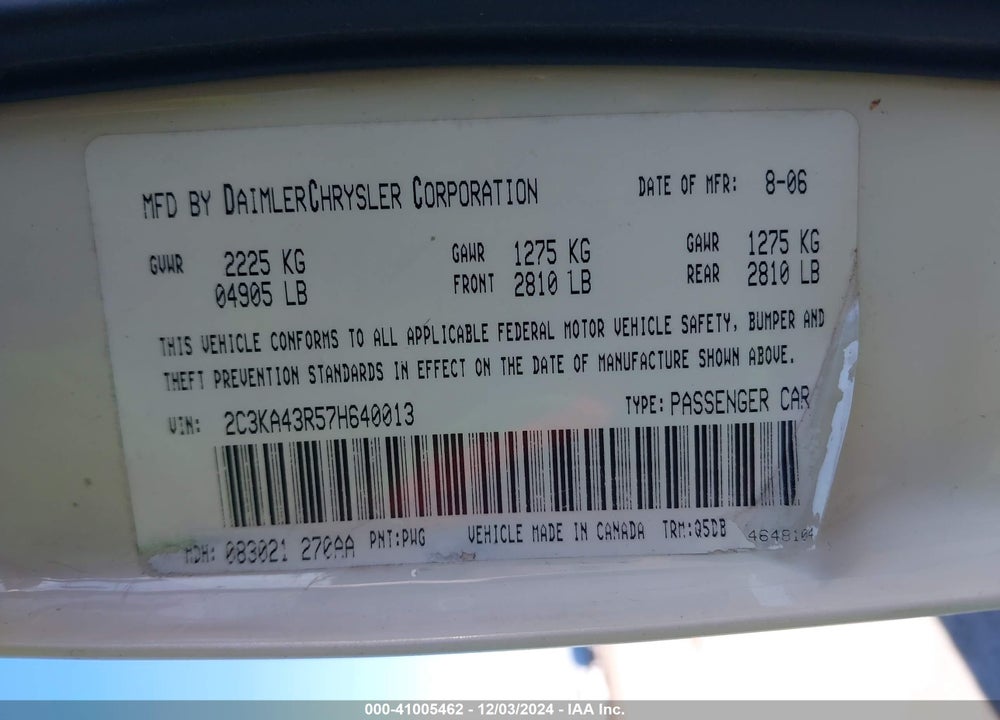 2007 CHRYSLER 300 VIN: 2C3KA43R57H640013