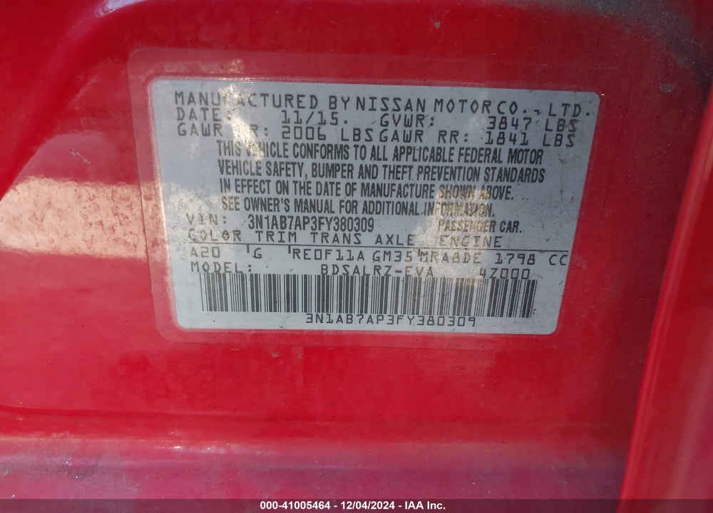 2015 NISSAN SENTRA SR VIN: 3N1AB7AP3FY380309