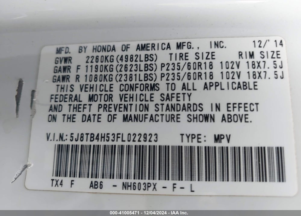 2015 ACURA RDX VIN: 5J8TB4H53FL022923