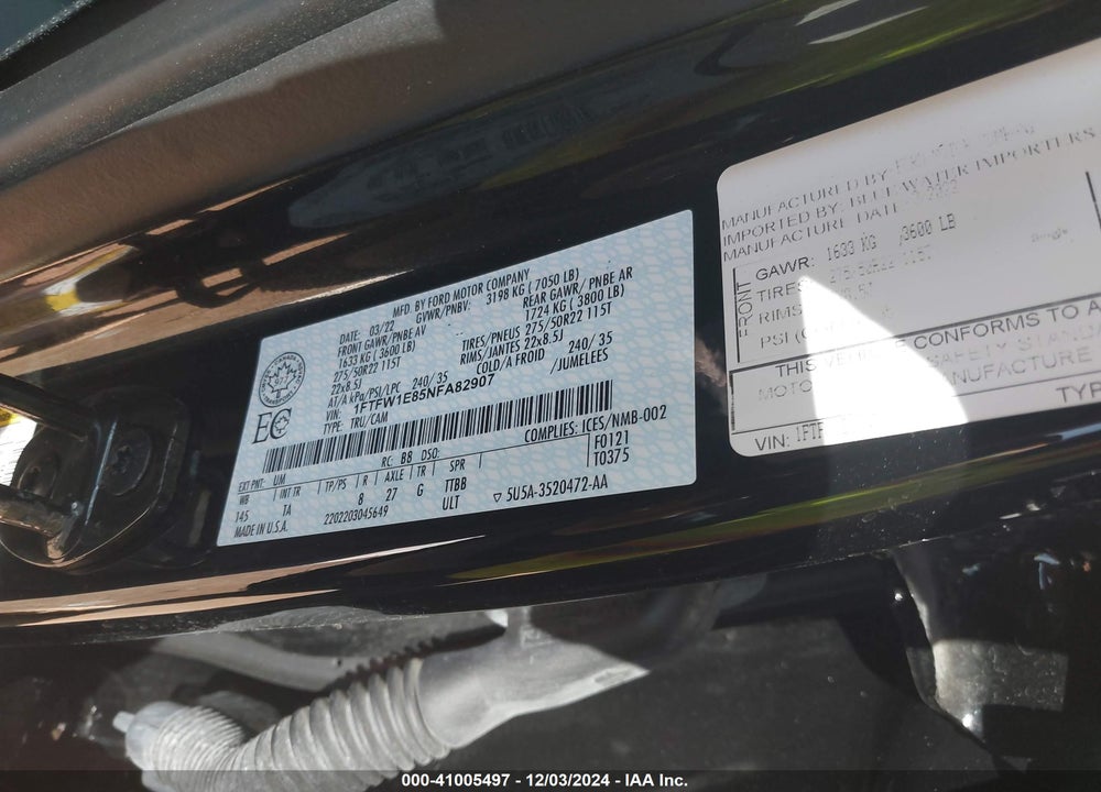 2022 FORD F150 VIN: 1FTFW1E85NFA82907