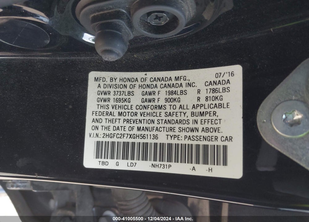 2016 HONDA CIVIC EX VIN: 2HGFC2F7XGH561136