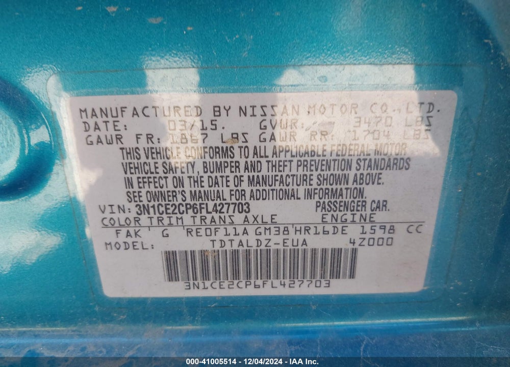 2015 NISSAN VERSA NOTE SV VIN: 3N1CE2CP6FL427703