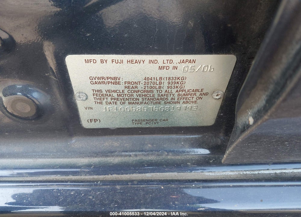 2006 SUBARU IMPREZA OUTBACK SPORT VIN: JF1GG68676G819793