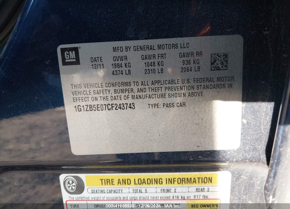 2012 CHEVROLET MALIBU LS VIN: 1G1ZB5E07CF243743