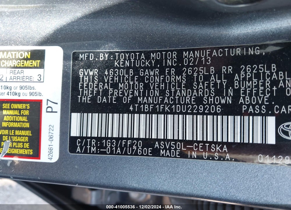2013 TOYOTA CAMRY SE VIN: 4T1BF1FK1DU229206