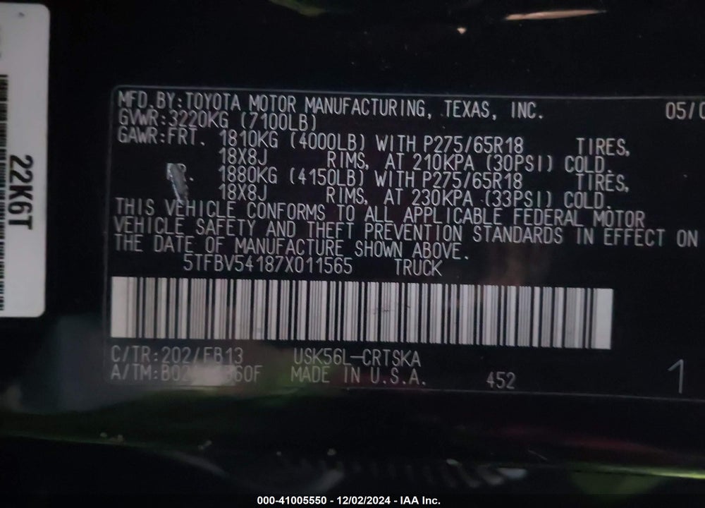 2007 TOYOTA TUNDRA SR5 5.7L V8 VIN: 5TFBV54187X011565