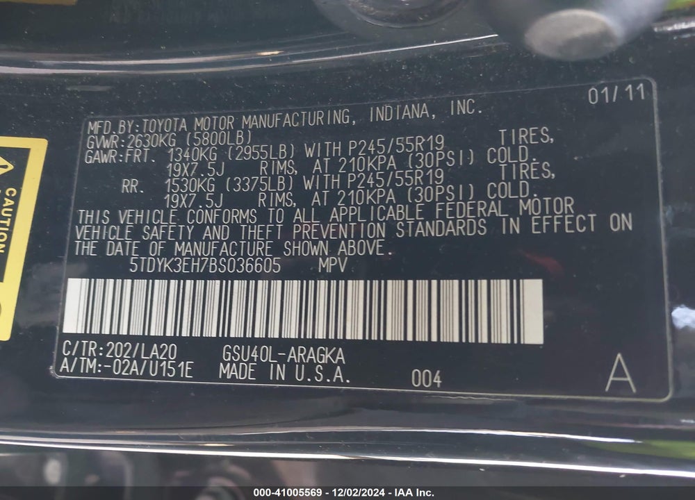2011 TOYOTA HIGHLANDER LIMITED V6 VIN: 5TDYK3EH7BS036605