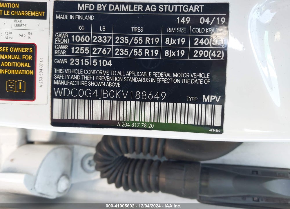 2019 MERCEDES-BENZ GLC 300 VIN: WDC0G4JB0KV188649