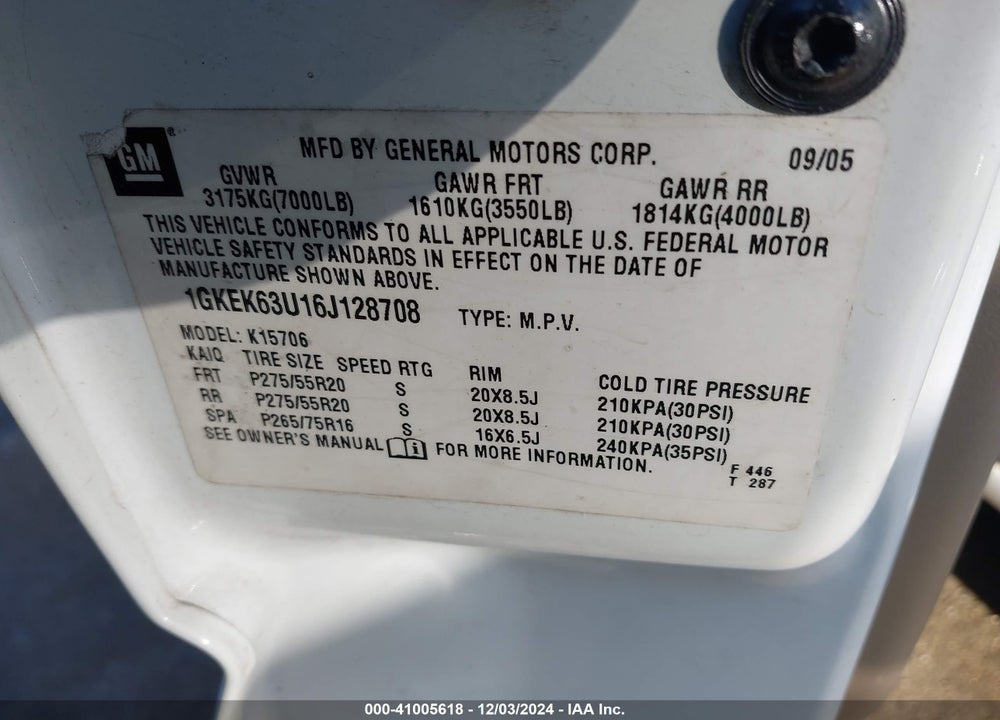 2006 GMC YUKON DENALI VIN: 1GKEK63U16J128708
