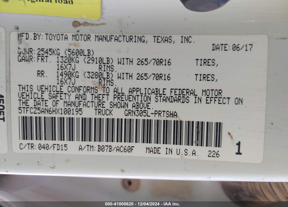 2017 TOYOTA TACOMA TRD OFF ROAD VIN: 5TFCZ5AN6HX100195